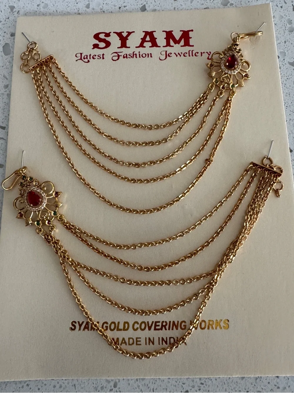 Gold-Tone Multi-Chain with Red Stone for Earring support/Hair Accessories - New